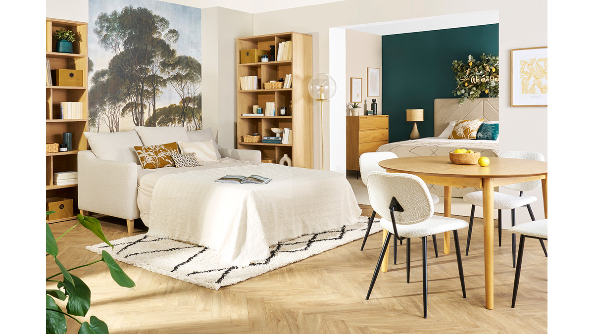 3-Sitzer-Schlafsofa skandinavisch beige und helles Holz LOUISE