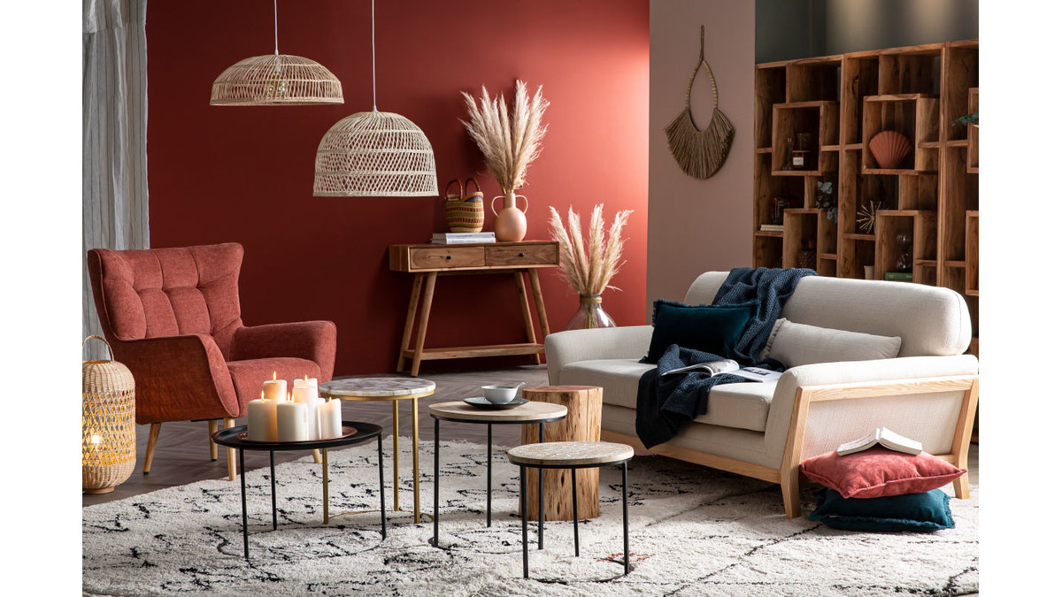 3-Sitzer Sofa mit Holzfen in Entenblau skandinavisches Design YOKO