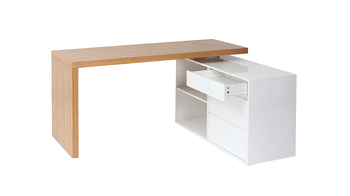 Design-Schreibtisch modulierbar Wei glnzend und Eschenholz NEW MAX