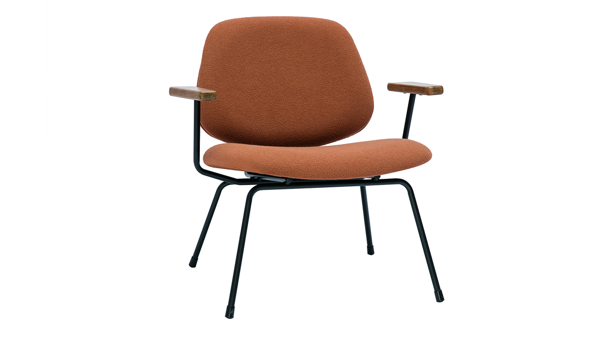 Design-Sessel aus Stoff mit Boucl-Wolleffekt in Terracotta, schwarzem Metall und dunklem Holz BARNET