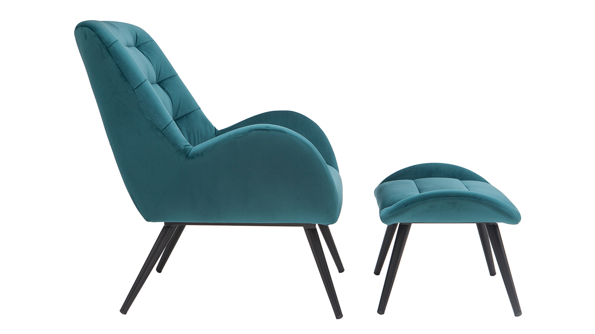 Design-Sessel und Fusttze aus petrolfarbenem Stoff ZOE