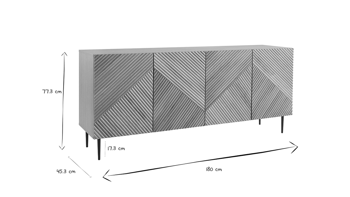 Design-Sideboard aus hellem, massiver Eiche mit Gravur und schwarzem Metall, 4 Tren, B180 cm ARCHIPEL