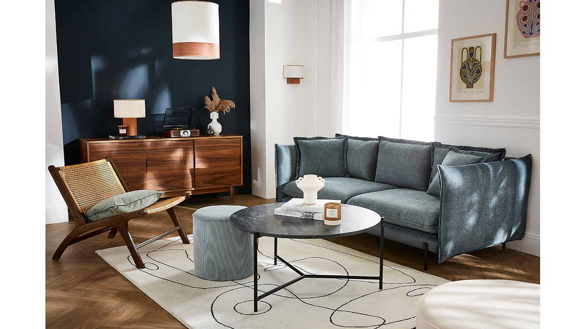 Design-Sofa 3/4-Sitzer in blaugrauem Veloursstoff und schwarzem Metall ALMAR