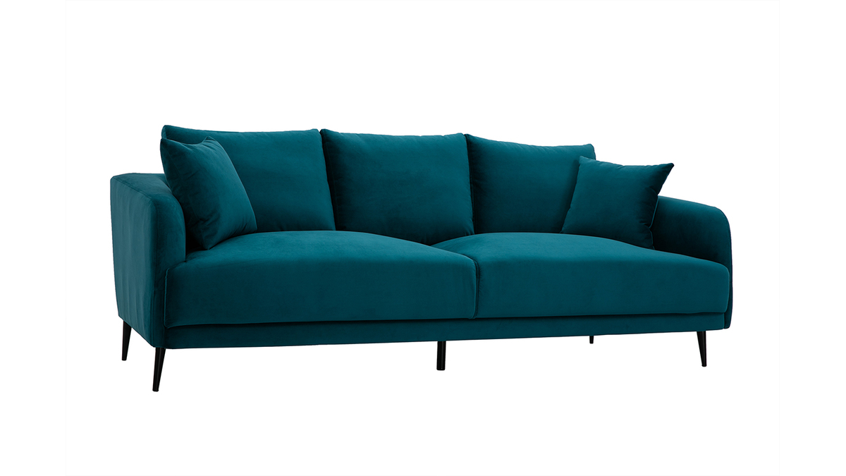 Design-Sofa mit petrolblauem Stoff im Samtdesign und schwarzem Metall 3-Sitzer JERRY