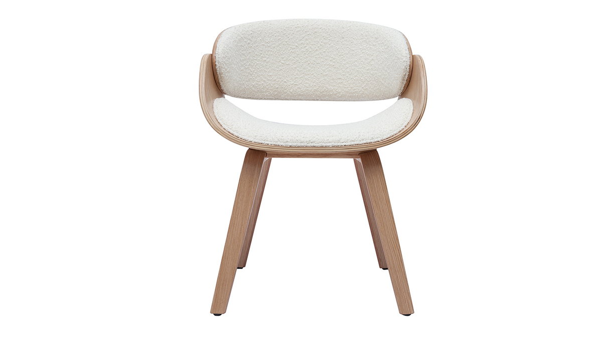 Design-Stuhl aus weiem Stoff mit Boucl-Wolleffekt und hellem Holz BENT