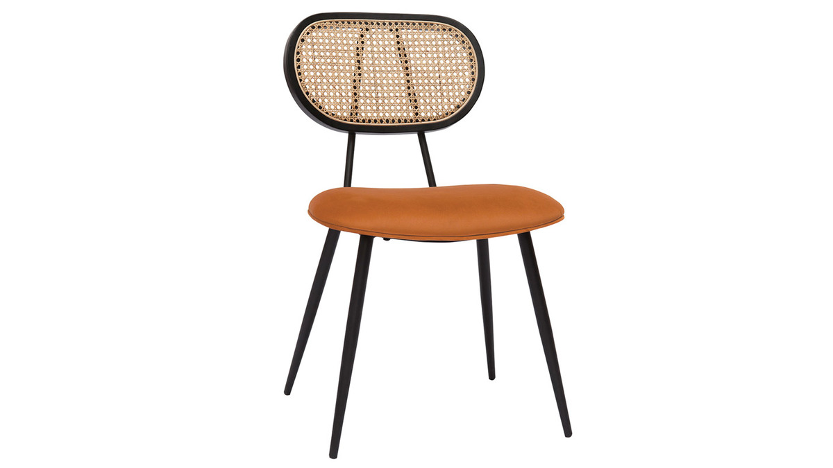 Design-Sthle aus rotbraunem Samtstoff, schwarzem Metall und naturfarbenem Rattangeflecht (2er-Set) TOLMA