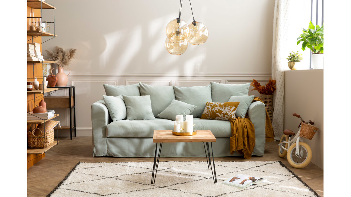 Dreisitzer-Sofa FEVER skandinavisch aus leinfarbenem Stoff mit abnehmbarem Bezug