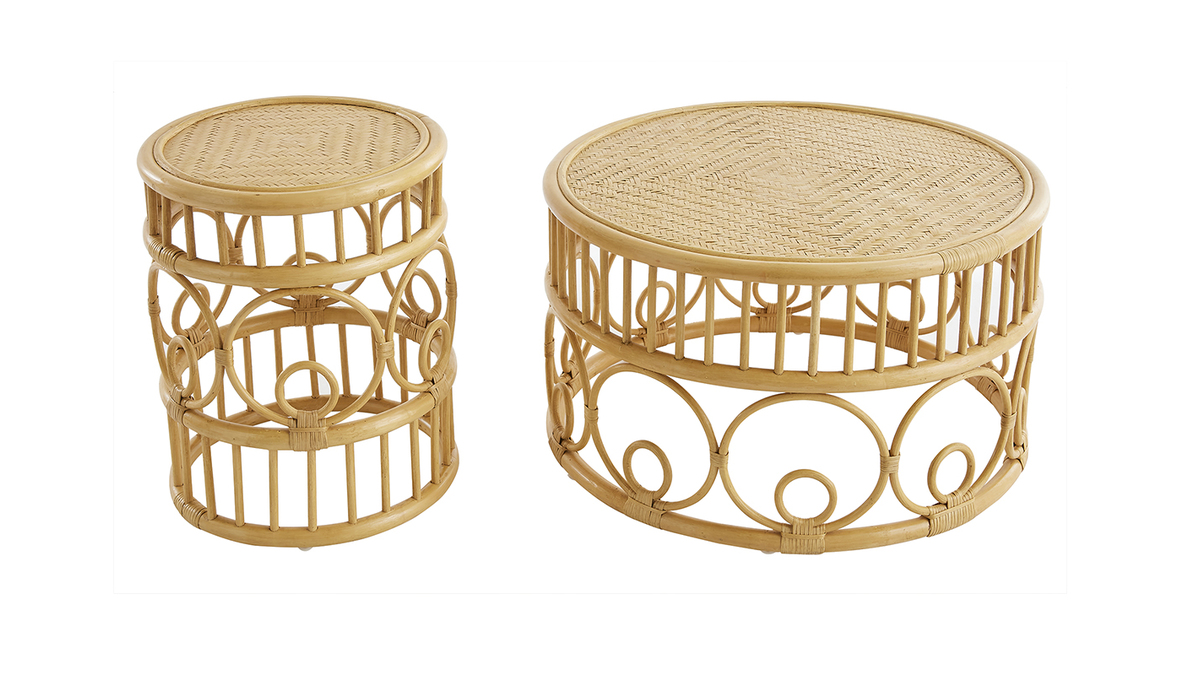 Runde Couchtische aus Rattan und Bambus D70 cm und D40 cm (2er-Set) SORAYA