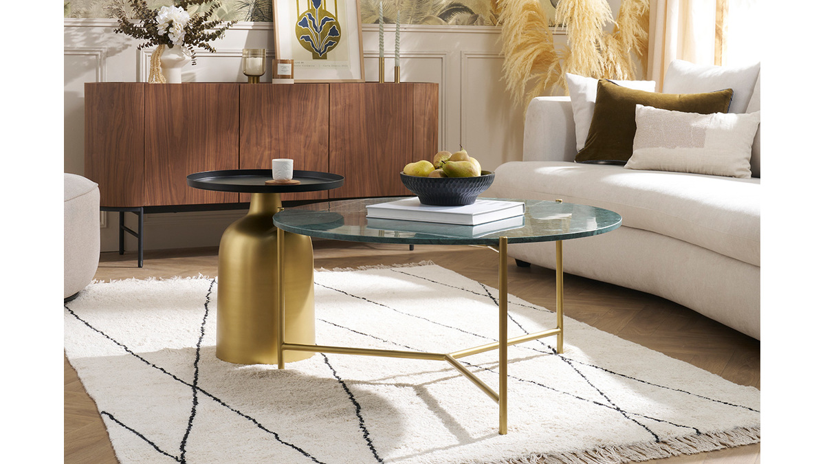 Runder Design-Beistelltisch aus Metall goldfarben mit mattschwarzer Tischplatte RAMSES