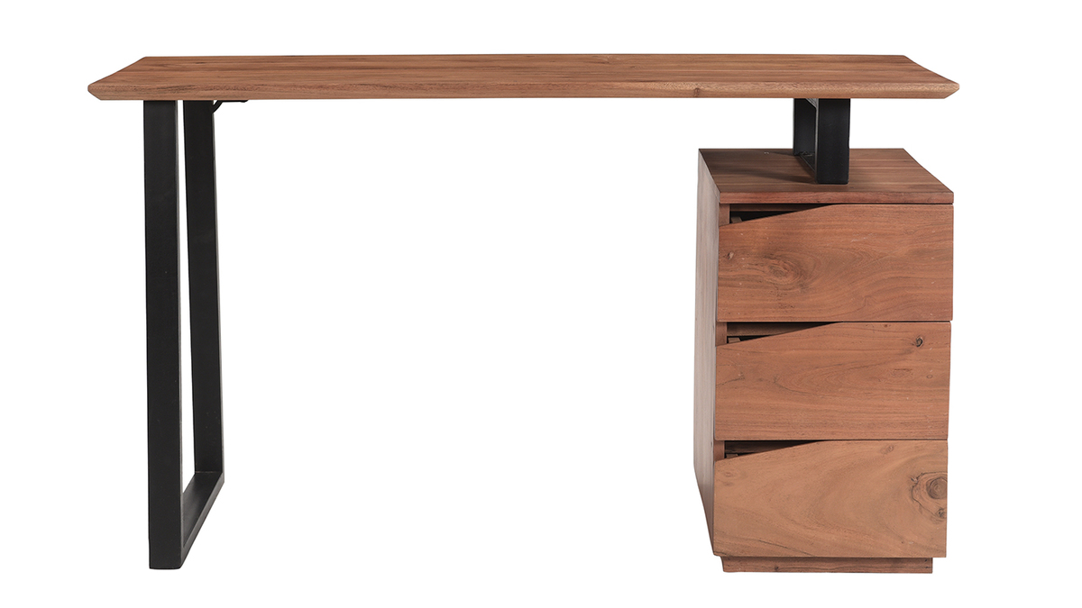 Schreibtisch aus massivem Akazienholz und schwarzem Metall mit 3 Schubladen B130 cm HORACE