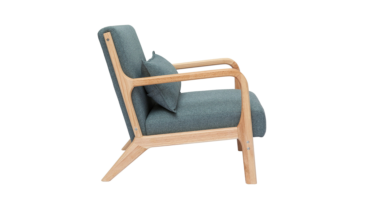 Skandinavischer Sessel aus graugrnem Stoff mit Samteffekt und hellem Massivholz DERRY