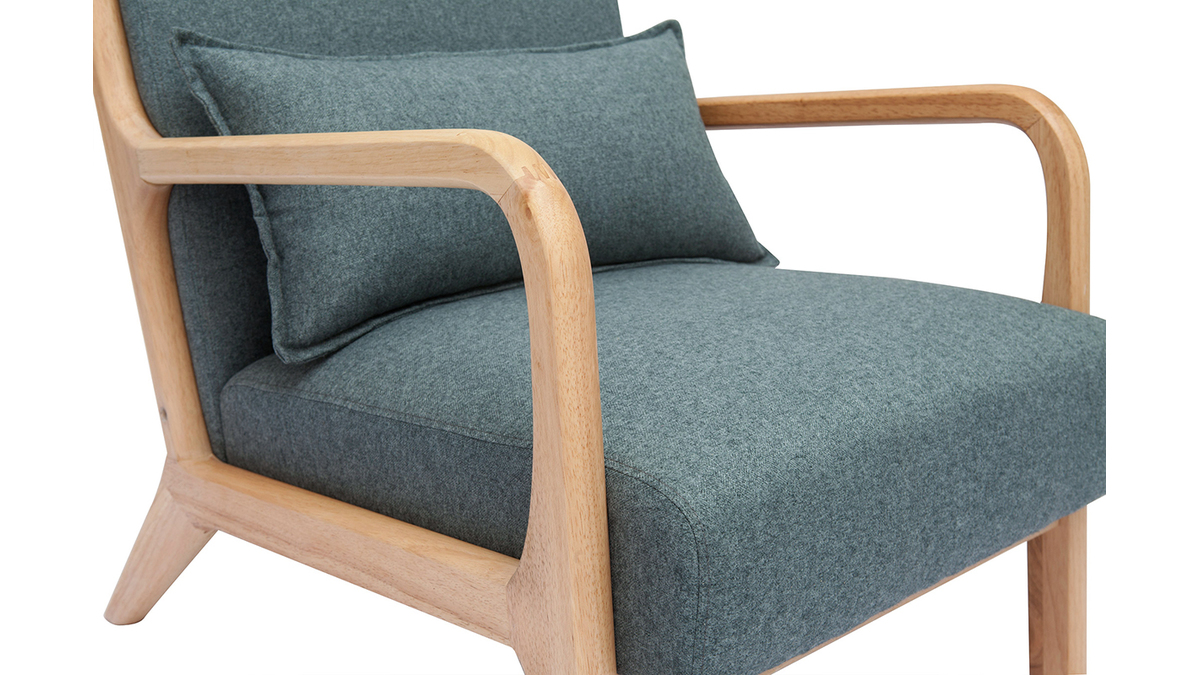 Skandinavischer Sessel aus graugrnem Stoff mit Samteffekt und hellem Massivholz DERRY
