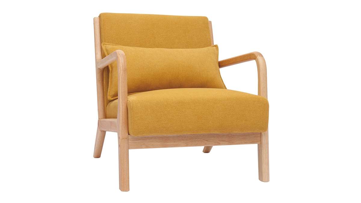 Skandinavischer Sessel aus senfgelbem Stoff mit Samteffekt und hellem Massivholz DERRY