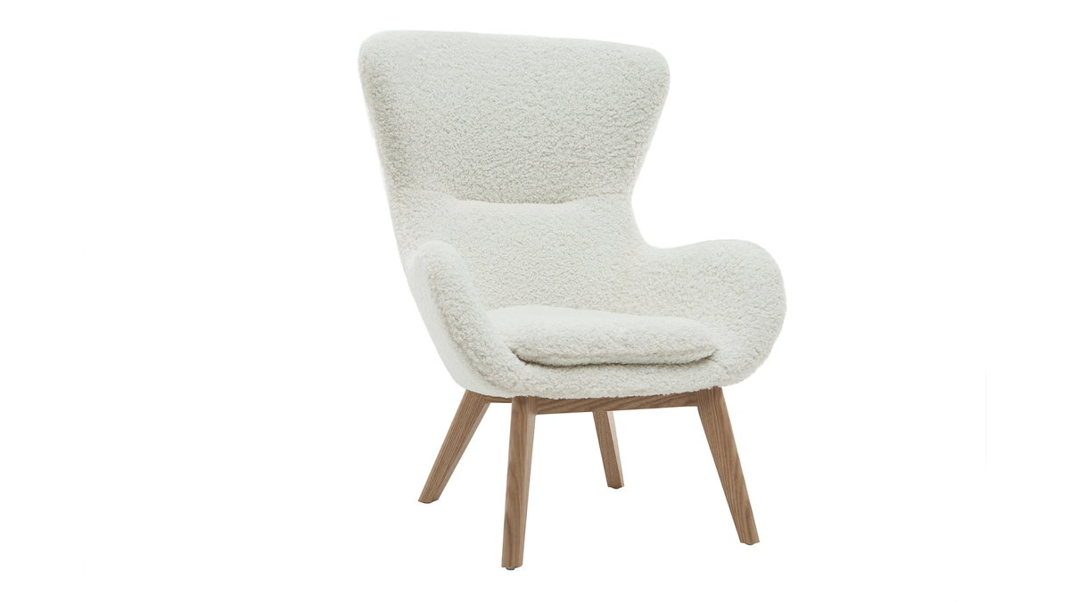Skandinavischer Sessel aus weiem, gelocktem Woll-Effekt-Stoff und Holz ESKUA