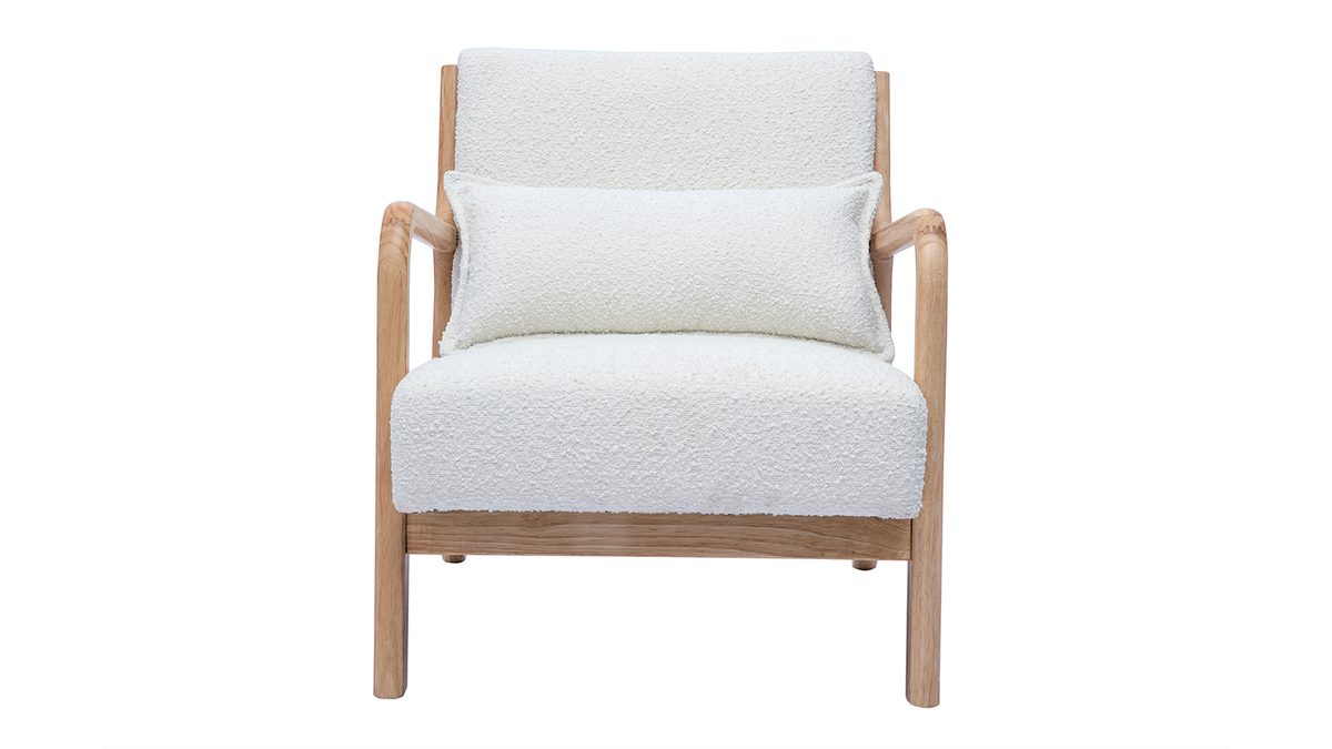 Skandinavischer Sessel aus weiem Stoff mit Boucl-Wolleffekt und hellem Massivholz DERRY