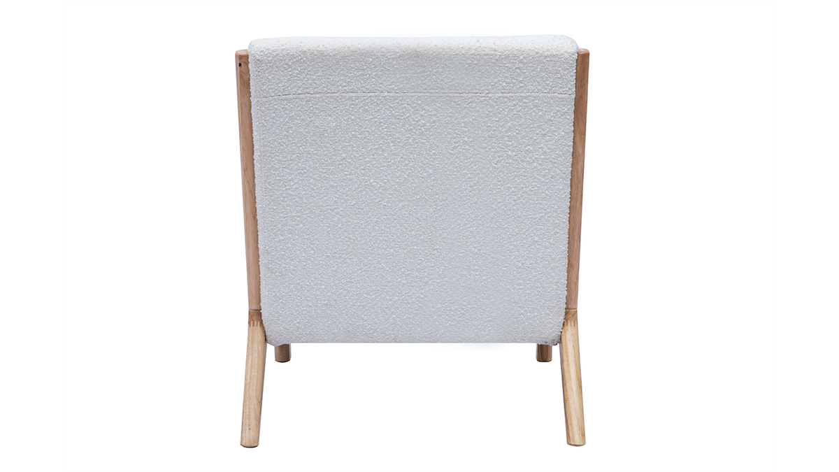 Skandinavischer Sessel aus weiem Stoff mit Boucl-Wolleffekt und hellem Massivholz DERRY