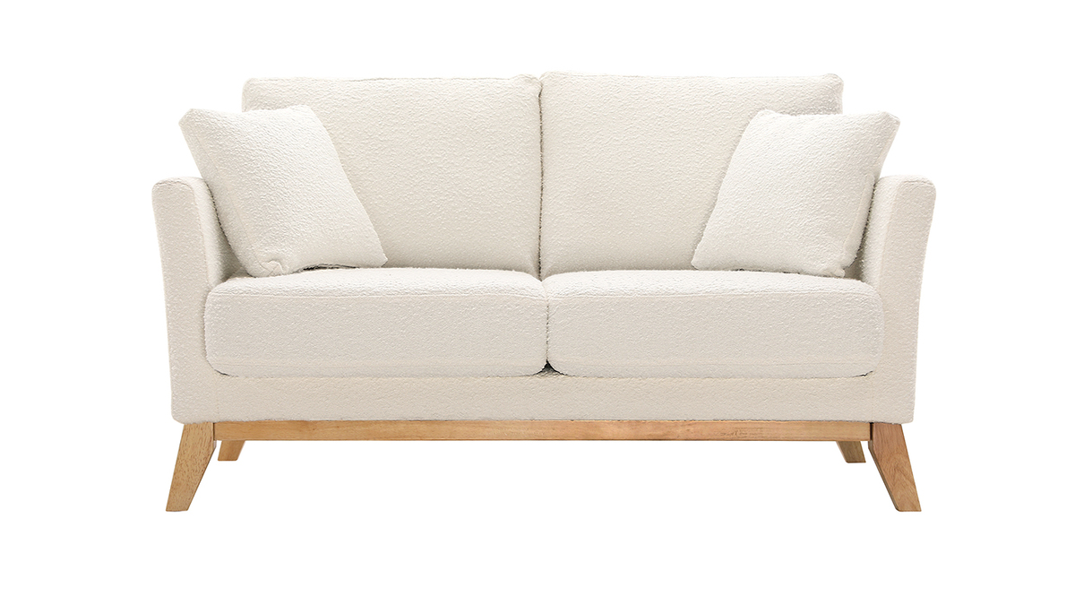 Skandinavisches 2-Sitzer-Sofa mit abnehmbarem Bezug in Wei mit Boucl-Wolleffekt und Holzfen OSLO