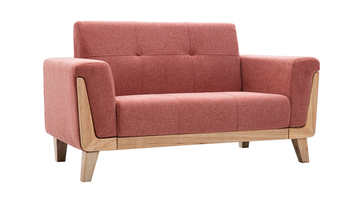Skandinavisches Sofa 2-Sitzer aus terracottafarbenem Stoff und hellem Holz FJORD
