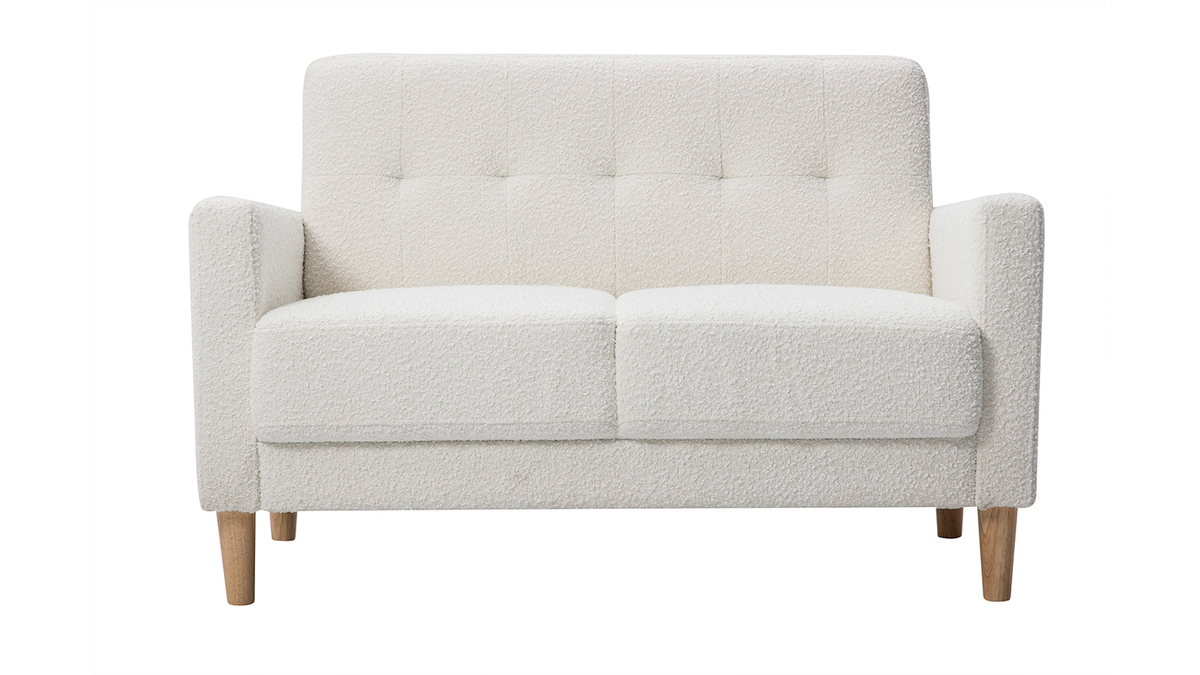 Skandinavisches Sofa 2-Sitzer aus weiem Stoff mit Woll-Effekt und hellem Holz MOON