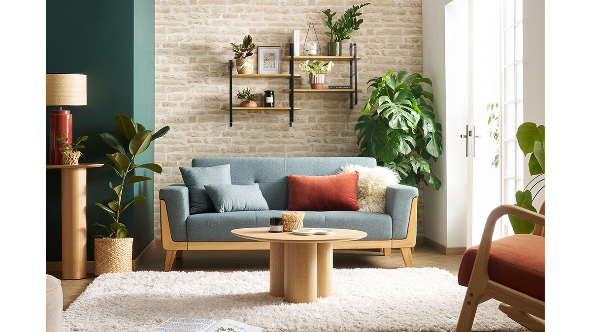 Skandinavisches Sofa 3-Sitzer aus graugrnem Stoff und hellem Holz FJORD