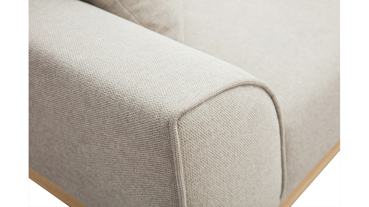 Skandinavisches Sofa aus beigem Stoff mit Samteffekt und hellem Holz 3-Sitzer FREEMA