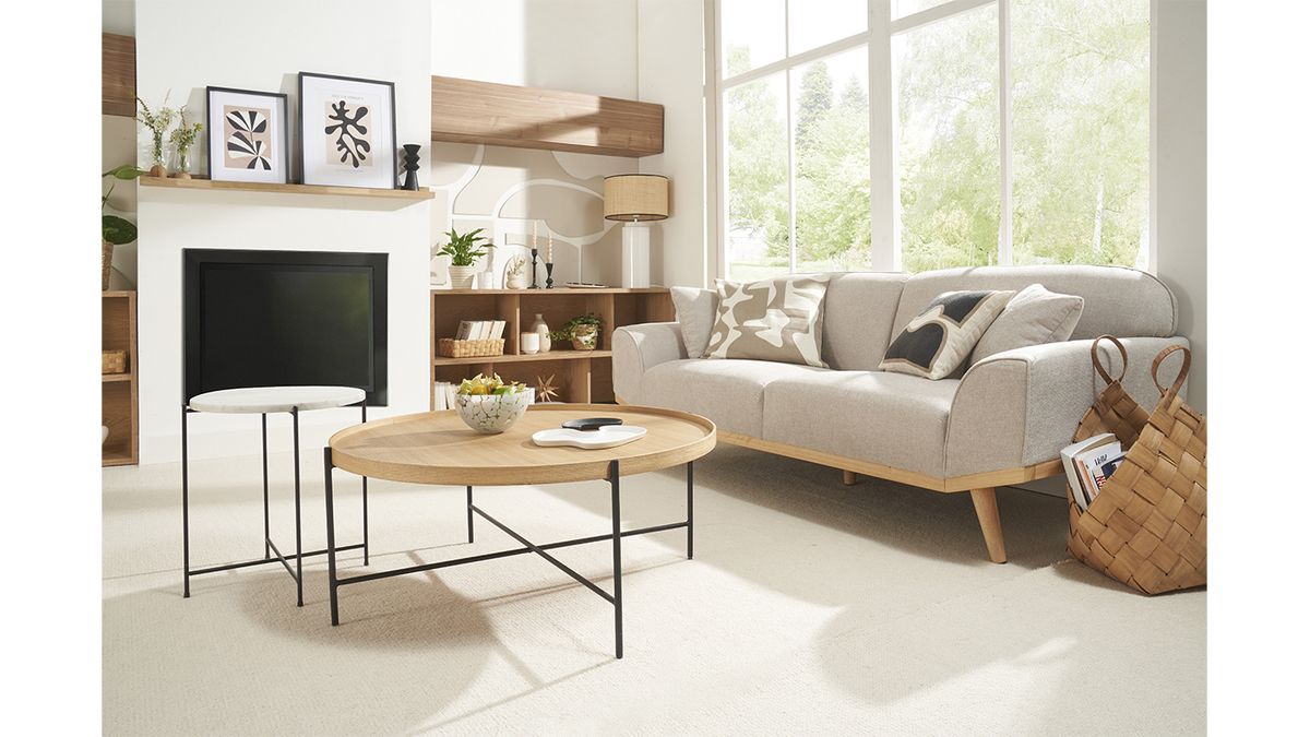 Skandinavisches Sofa aus beigem Stoff mit Samteffekt und hellem Holz 3-Sitzer FREEMA