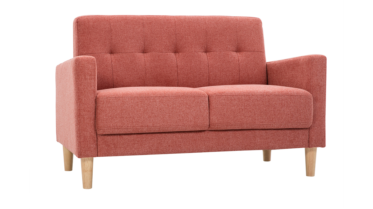 Skandinavisches Sofa aus terracottafarbenem Stoff mit Samteffekt und hellem Holz 2-Sitzer MOON