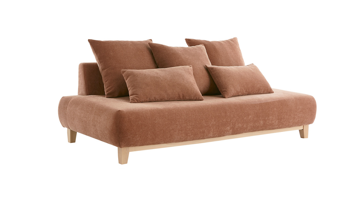 Sofa aus terracottafarbenem Stoff mit Samteffekt und hellem Holz 3-Sitzer B200 cm ODEON