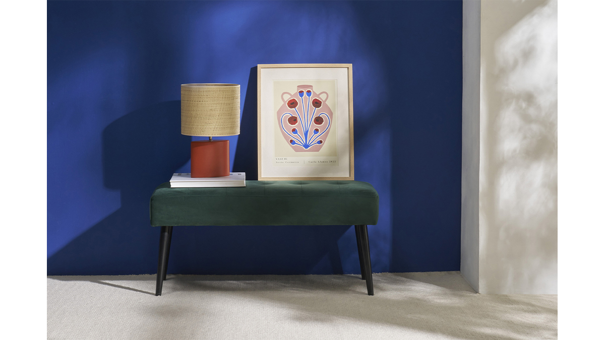 Tischleuchte aus Keramik in Terracotta mit Lampenschirm aus naturfarbenem Bast H40 cm TIGA
