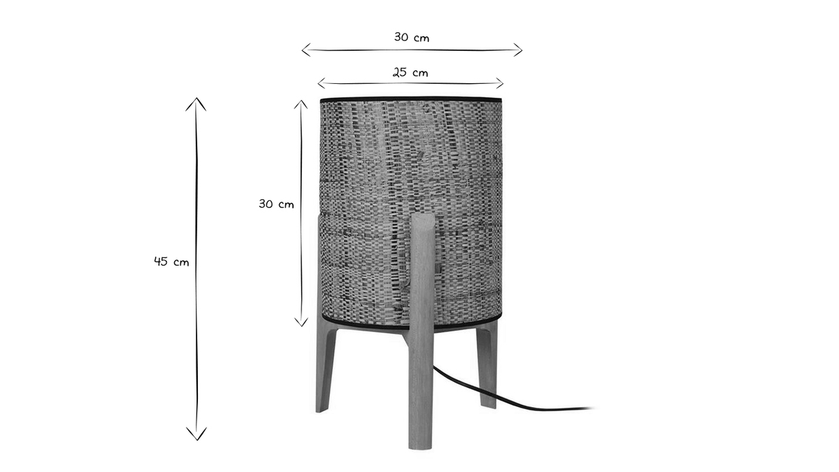 Tischleuchte mit Lampenschirm aus Jute und naturfarbenem Holzbein H 45 cm ALPHA