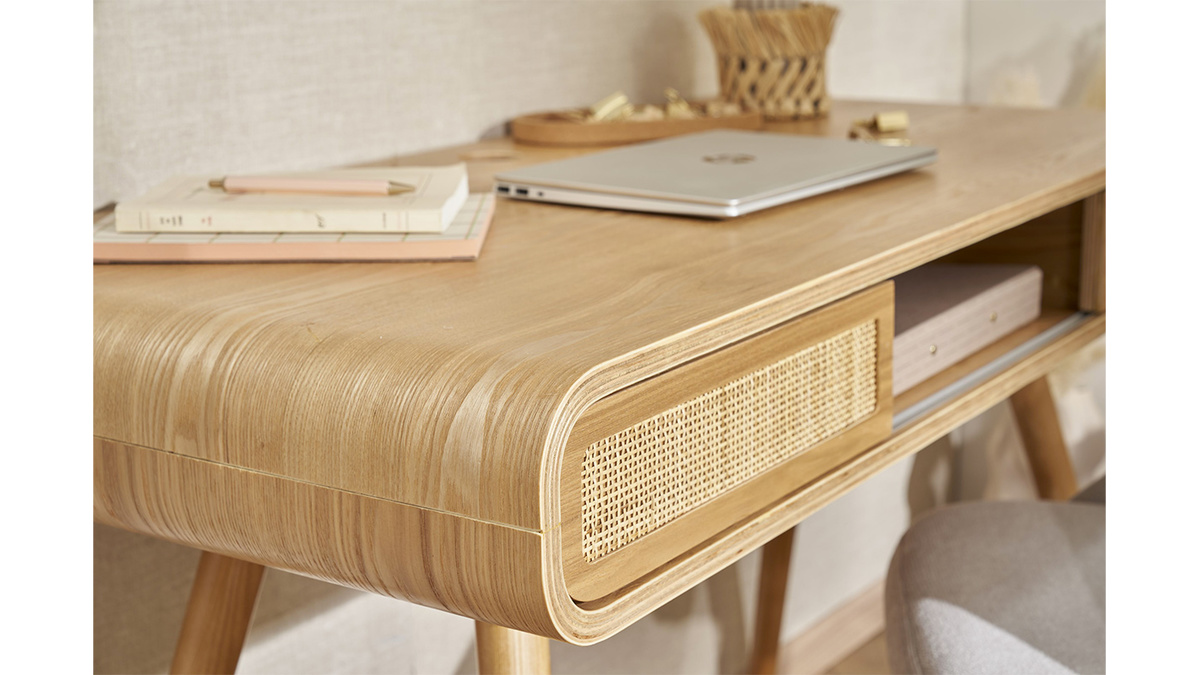 Vintage-Schreibtisch mit Aufbewahrung aus hellem Holz und Rohrgeflecht B120 cm OLYMPE