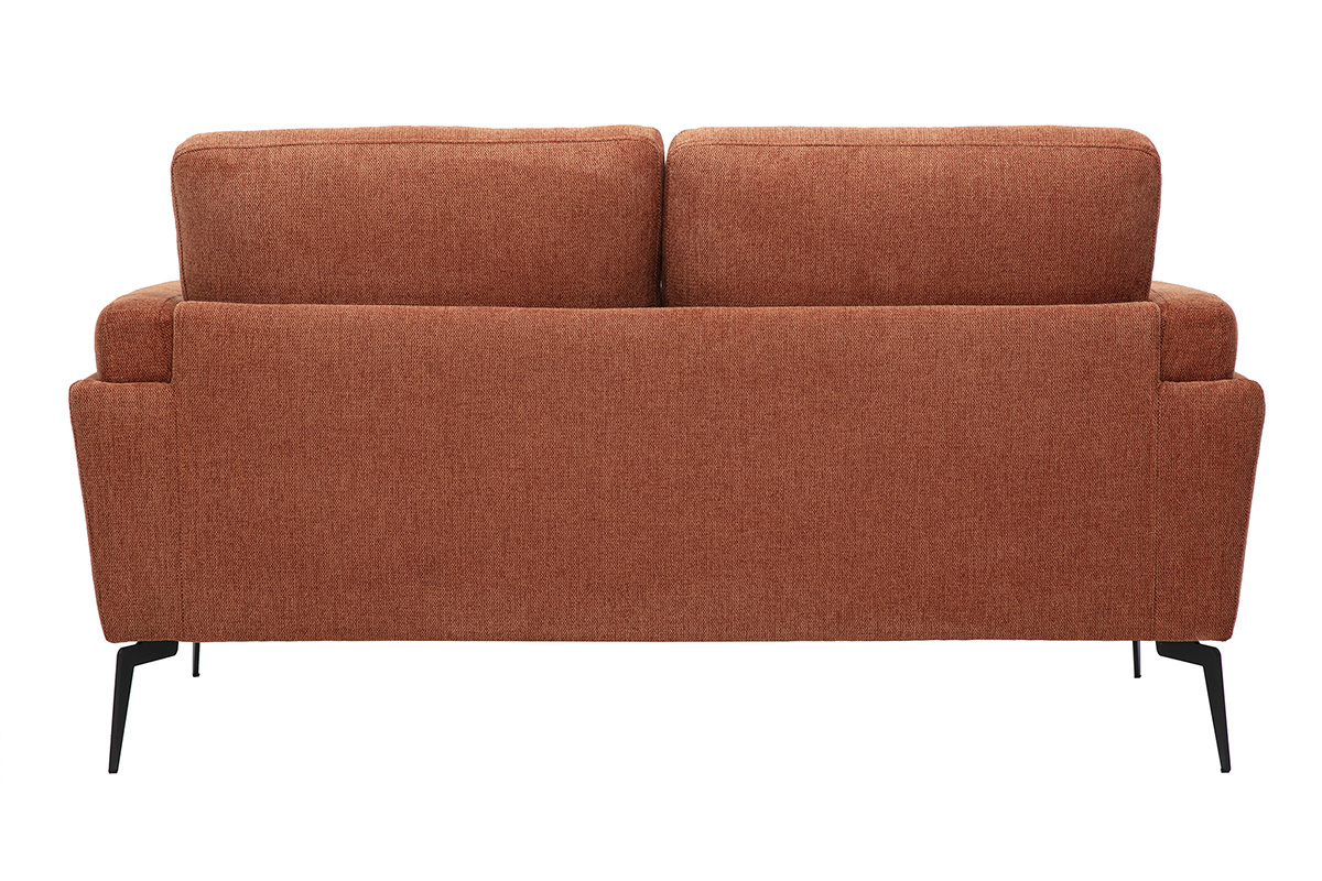 R�ckansicht des Design-Zweisitzers aus Samtstoff in gebrannter Erde mit schwarzen Metallf��en.