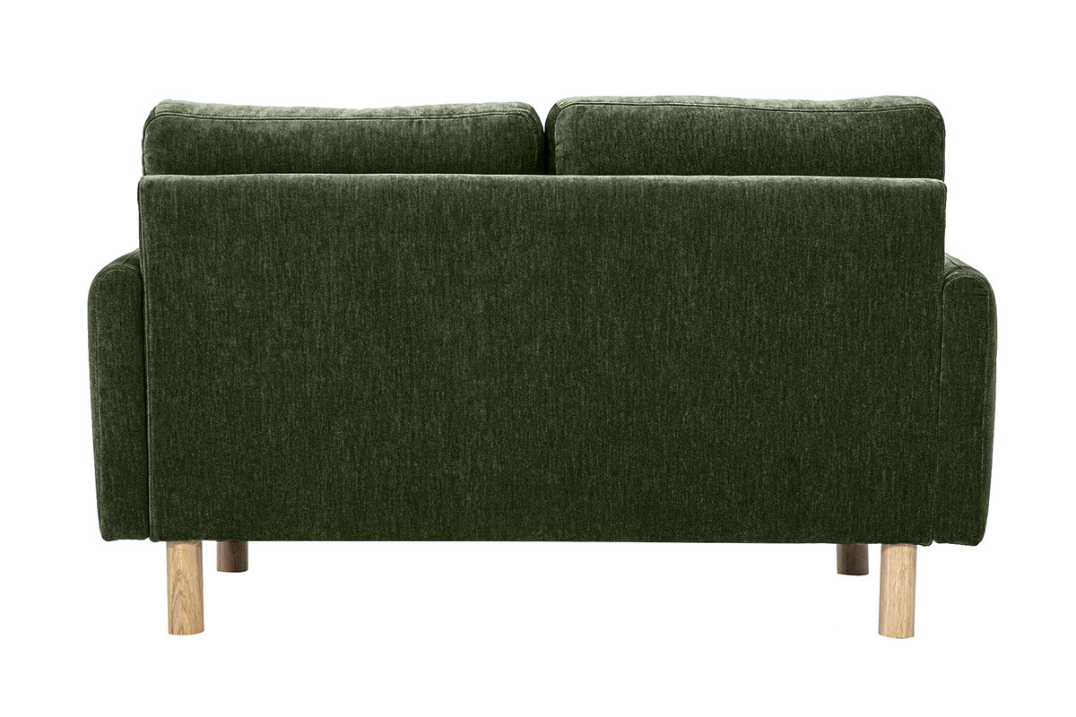 Zweier-Sofa aus khakigr�nem Samt von hinten gesehen mit hellen Holzbeinen.