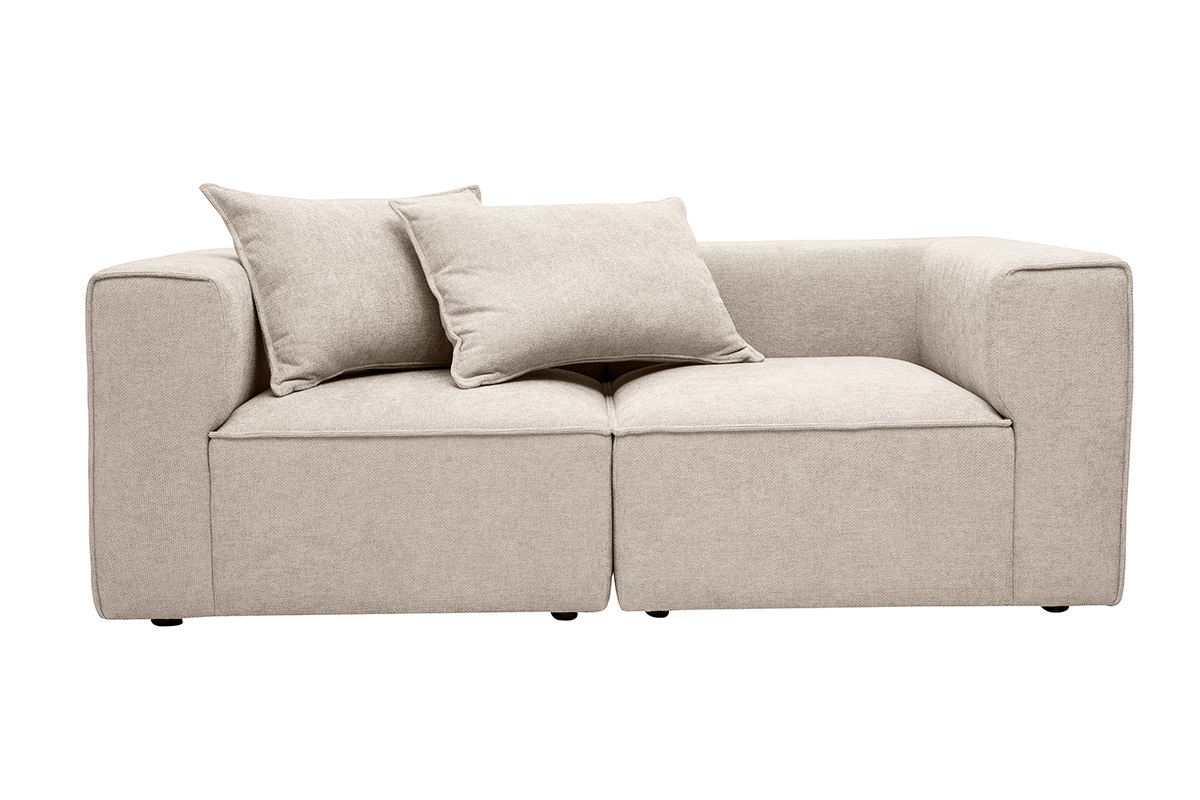 Modulares 2-Sitzer-Sofa aus beigem Stoff mit strukturierter Samtoptik, Vorderansicht.