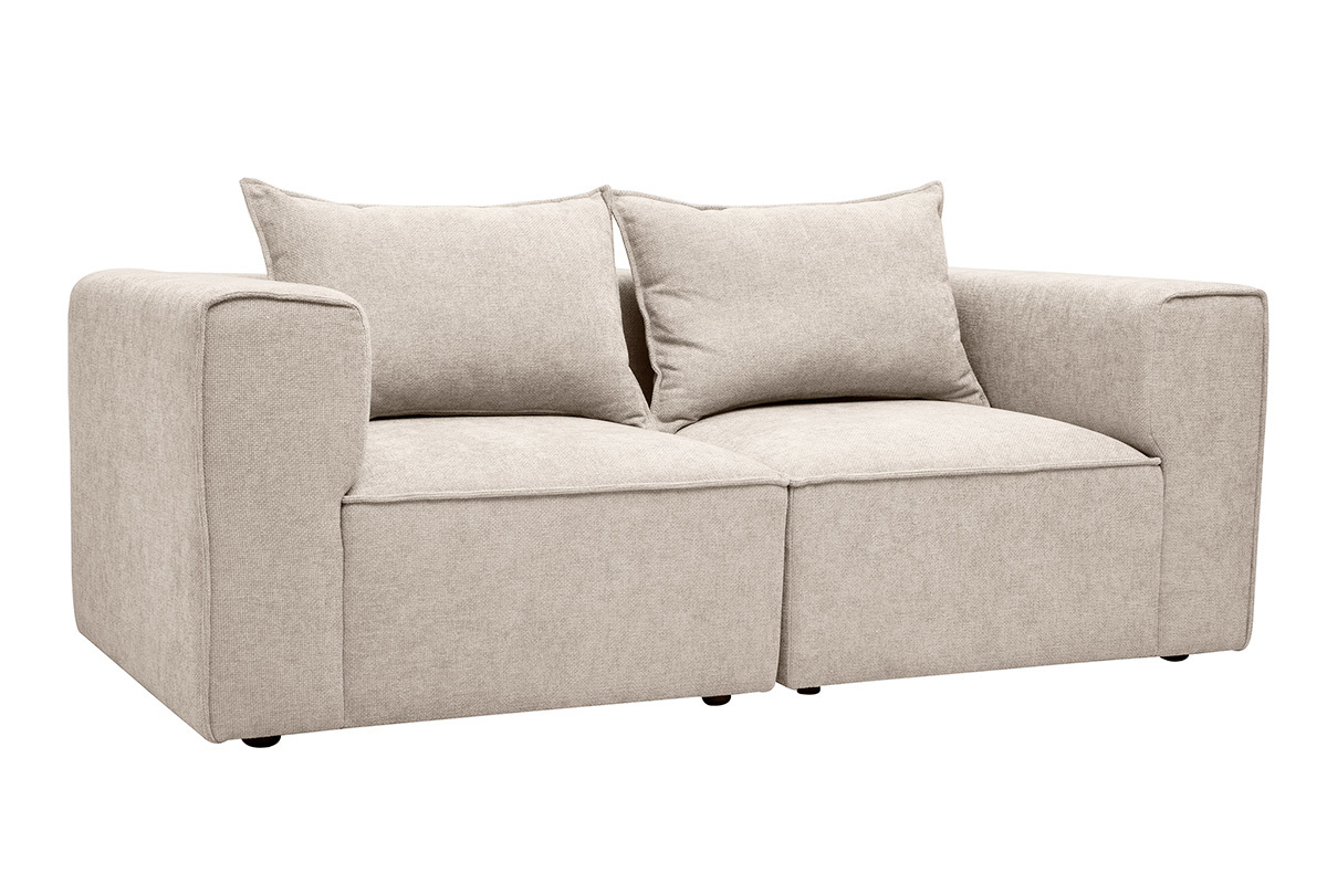 Modulares 2-Sitzer-Sofa aus beigefarbenem Stoff mit strukturierter Samtoptik, 3/4-Ansicht, mit R�ckenkissen.