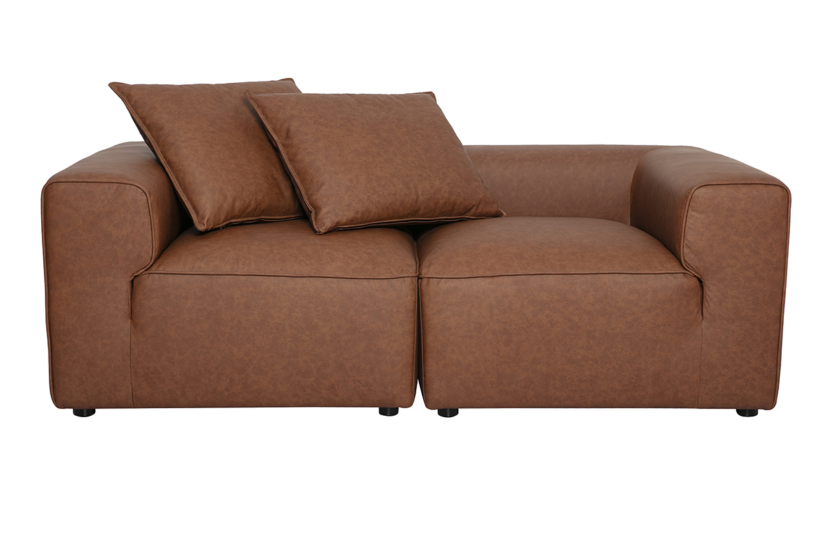 2-Sitzer-Modulsofa aus braunem Leder FERGUS, Frontansicht mit Kissen