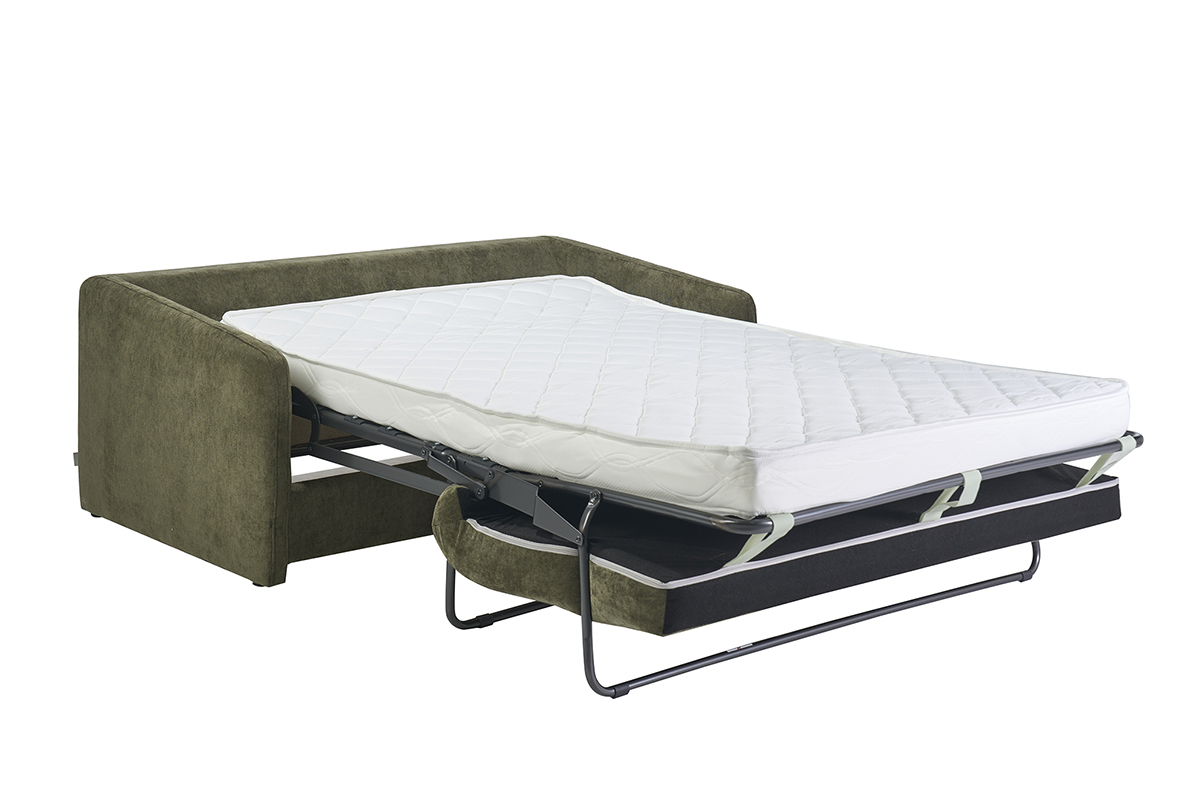 Zweisitzer-Schlafsofa in Khaki-Gr�n, 3/4-Ansicht mit ausgeklappter Matratze.