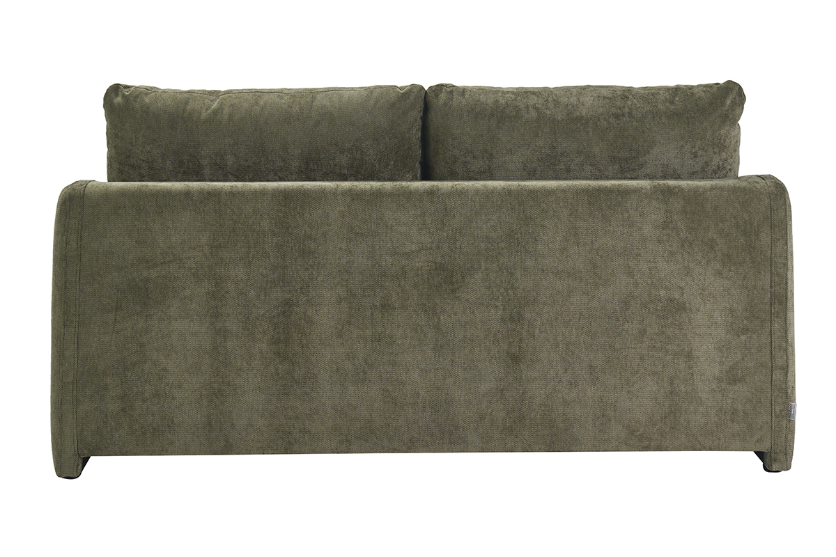 R�ckansicht des 2-Sitzer-Schlafsofas aus Stoff mit strukturiertem Samteffekt in Khaki-Gr�n PAULIN.