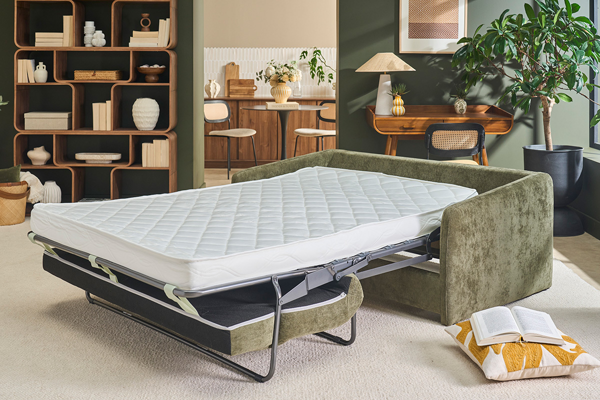 2-Sitzer-Schlafsofa aus strukturiertem Samtoptik-Stoff in Khaki-Gr�n PAULIN