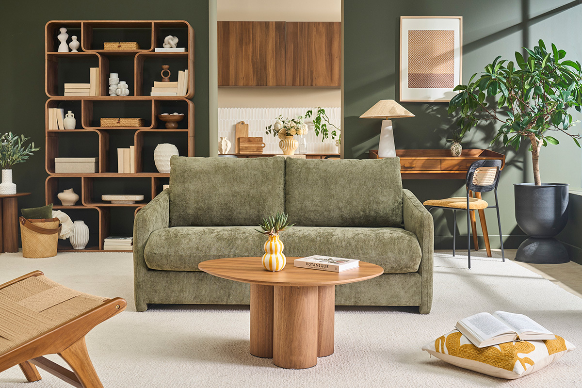 2-Sitzer-Schlafsofa aus strukturiertem Samtoptik-Stoff in Khaki-Gr�n PAULIN