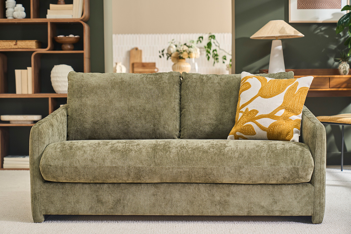 2-Sitzer-Schlafsofa aus strukturiertem Samtoptik-Stoff in Khaki-Gr�n PAULIN