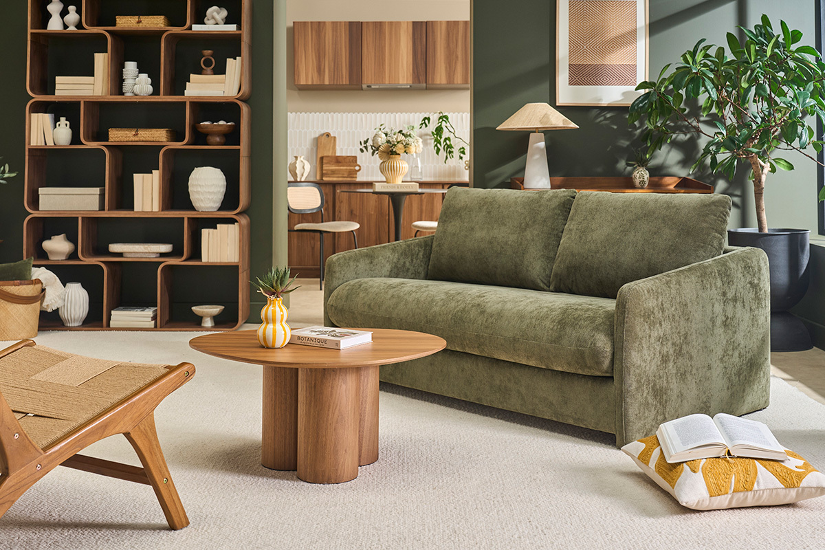 2-Sitzer-Schlafsofa aus strukturiertem Samtoptik-Stoff in Khaki-Gr�n PAULIN