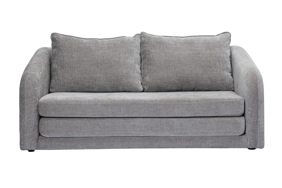 2-Sitzer Schlafsofa in Grau mit Samt-Effekt-Stoff, Vorderansicht.