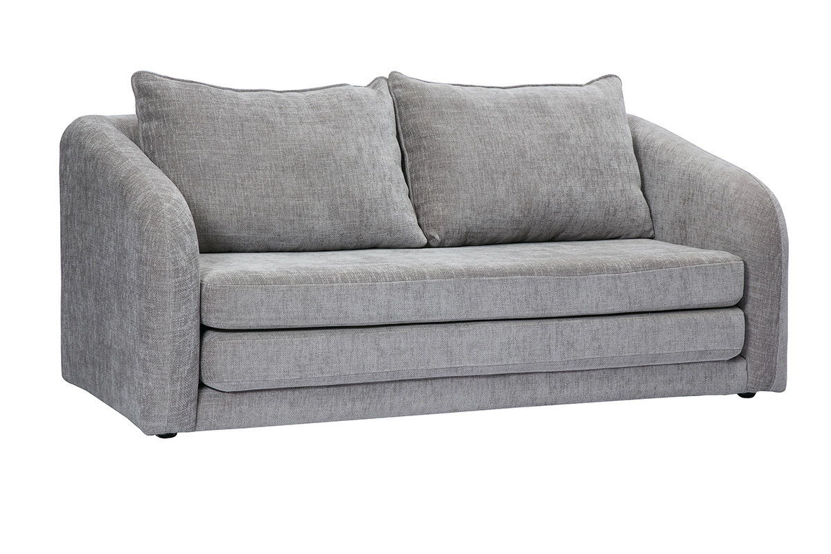 2-Sitzer-Schlafsofa in grauem Stoff mit Samteffekt, Ansicht von 3/4.