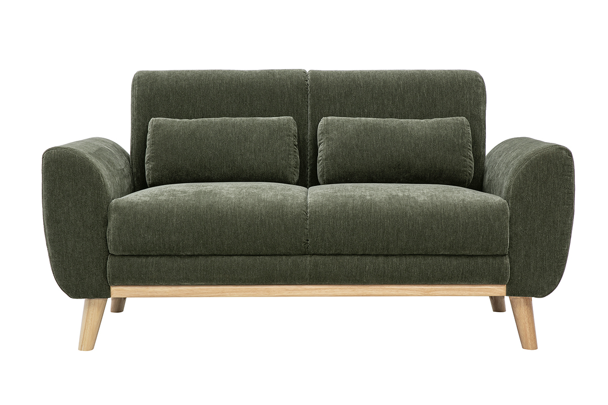 2-Sitzer-Sofa aus Stoff in olivgr�ner Samtoptik mit Kissen, Vorderansicht.
