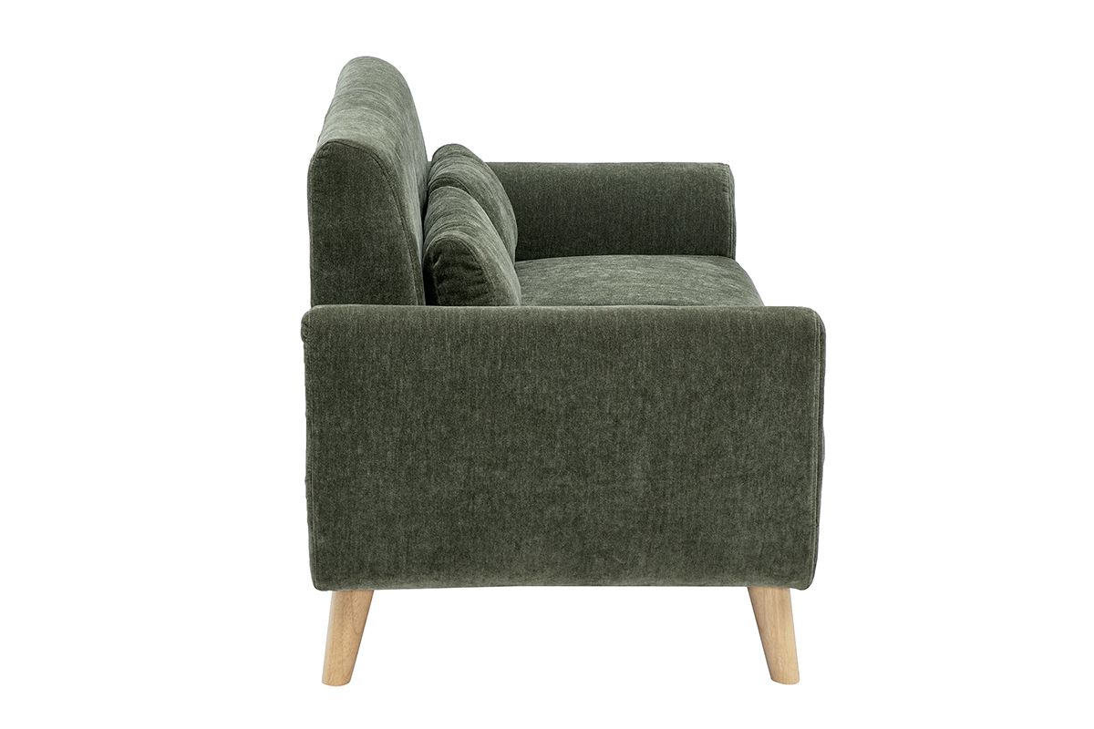 Zweisitzer-Sofa aus gr�nem, kaki-farbenem Samtstoff, Seitenansicht mit Beinen aus hellem Holz.