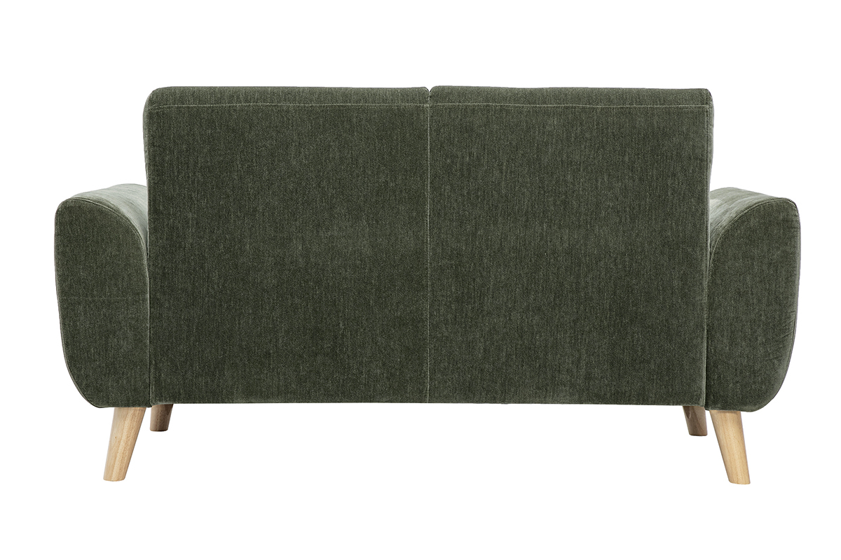 Zweisitzer-Sofa aus khakigr�nem Samt, R�ckansicht, mit Beinen aus hellem Holz.