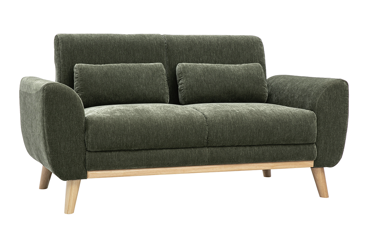 2-Sitzer-Sofa aus Stoff mit Samteffekt in Khaki-Gr�n mit Kissen, hellen Holzf��en