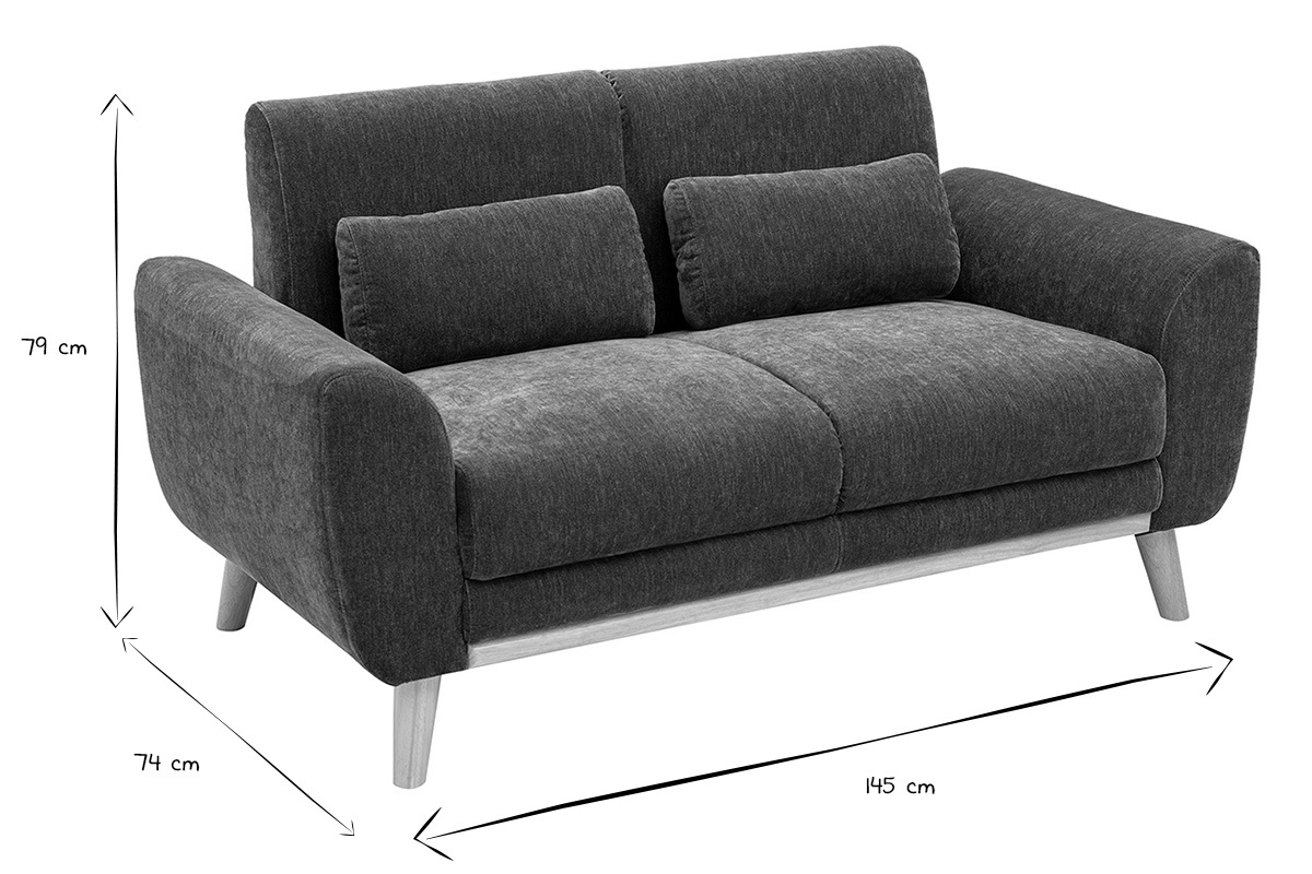 Abmessungen des 2-Sitzer-Sofas: 145 cm breit, 74 cm tief, 79 cm hoch, in Schwarz und Wei�.