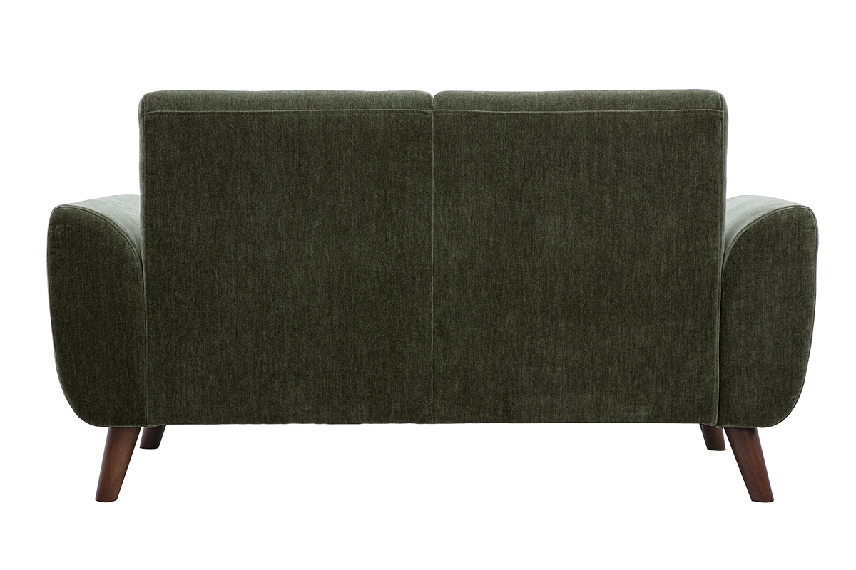 R�ckseite des 2-Sitzer-Sofas EKTOR aus khakigr�nem Stoff mit dunkelbraunen Holzf��en, R�ckansicht.